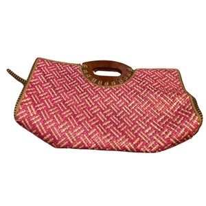 STRAW rattan large clutch purse, two tone pink with wood handles and zipper, 16”